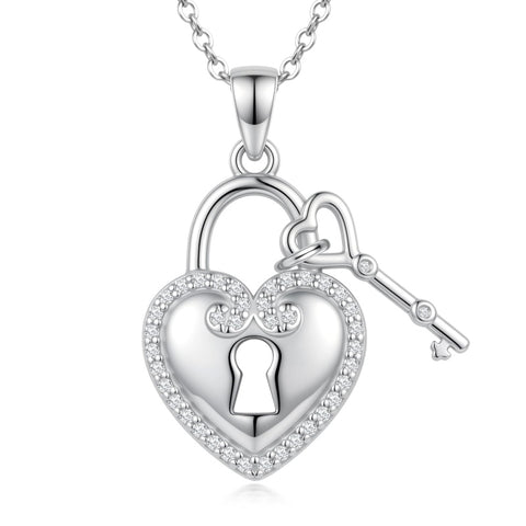 Sterling Silver Key Padlock Heart Key Lock Pendant Love Necklace Jewelry for Women Valentine's Day Birthday Gift