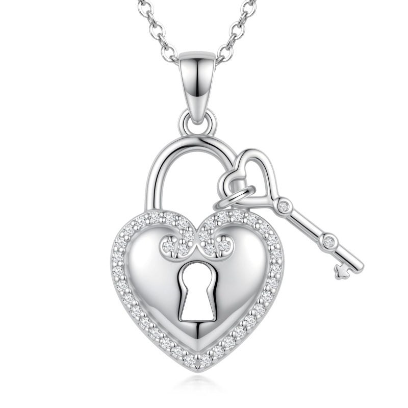 Sterling Silver Key Padlock Heart Key Lock Pendant Love Necklace Jewelry for Women Valentine's Day Birthday Gift