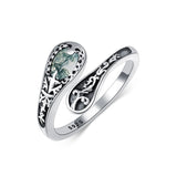 Moss Agate Spoon Ring for Women Wife Mother Sterling Silver Moss Agate Ring Oxidized Open Wrap Ring