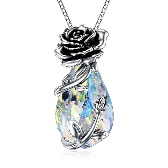 Valentine's Day Gift Rose Necklace Sterling Silver with Crystal  Rose Pendant Jewelry Anniversary Jewelry Gifts for Women