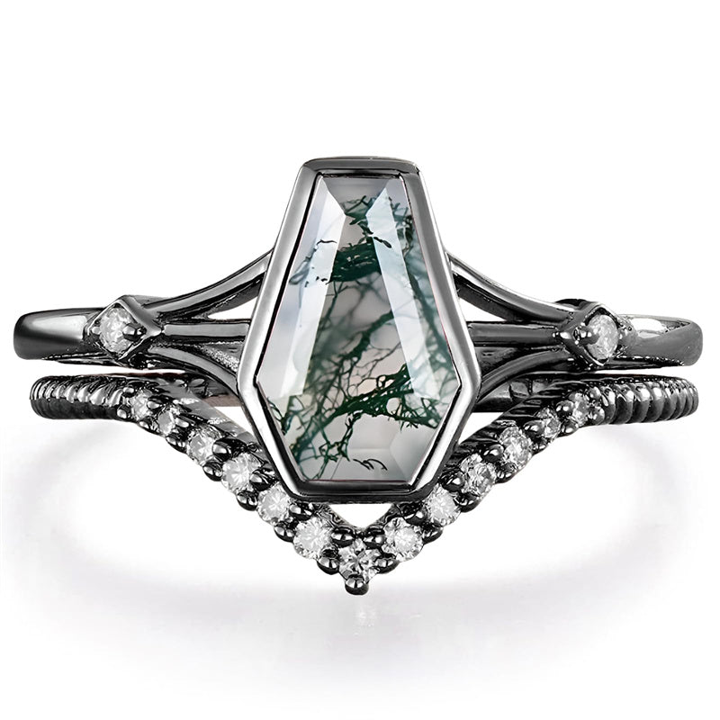 Sterling Silver 10K 14K 18K Gold 2CT Moss Agate Vine Leaf Women's Bridal Ring Sets for Wedding Engagement