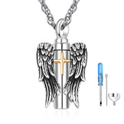Sterling Silver Cross & Angel Wings Urn Necklaces for Ashes