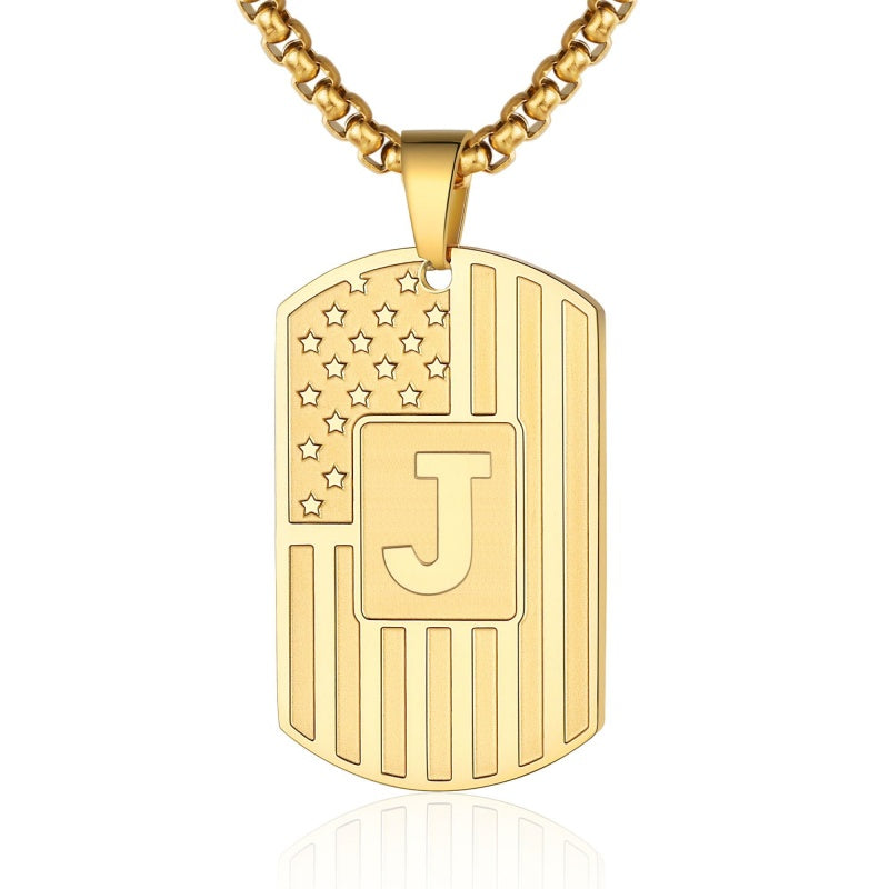14K Gold Plated Initial A-Z American Flag Dog Tag Necklace for Men