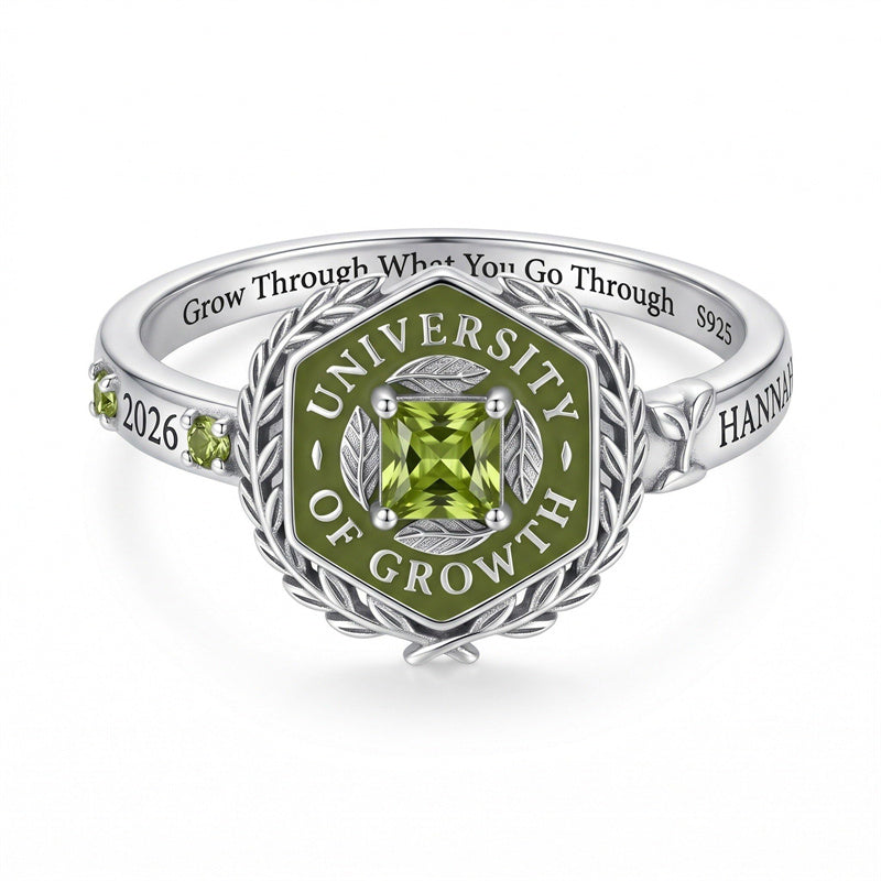 Sterling Silver Laurel Wreath Personalized Square Cut Birthstone  Class Ring for Women