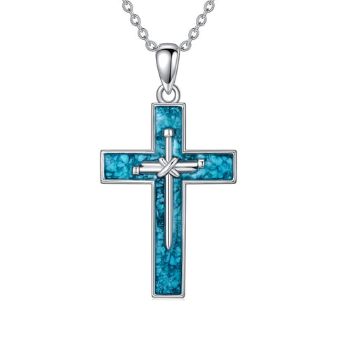 Sterling Silver Turquoise Abalone Shell Oxidation Cross Pendant Necklace