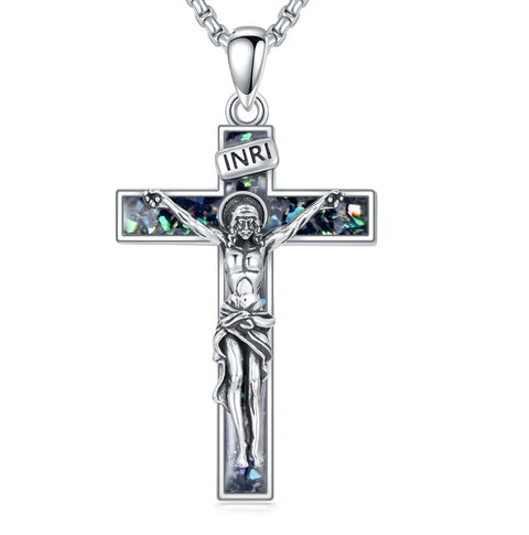 Sterling Silver Turquoise Abalone Shell Oxidation Cross Pendant Necklace
