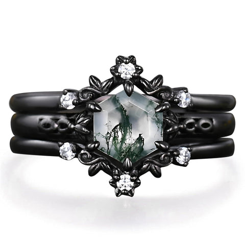 Sterling Silver 10K 14K 18K Gold 2CT Moss Agate Vine Leaf Women's Bridal Ring Sets for Wedding Engagement