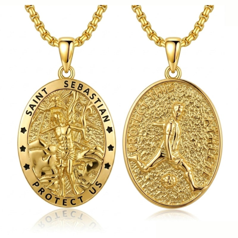 14K Gold Plated Saint Medal Christian  Pendant Necklace for Men