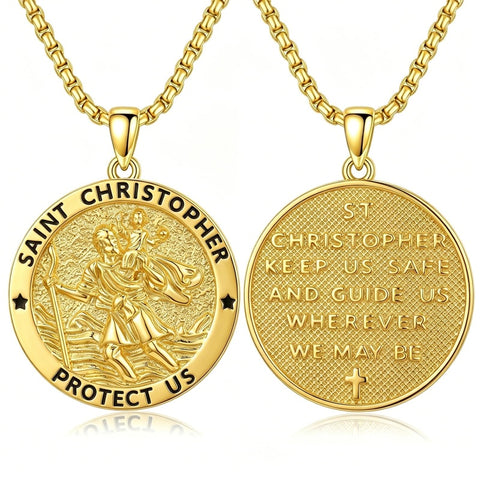 14K Gold Plated Saint Medal Christian  Pendant Necklace for Men