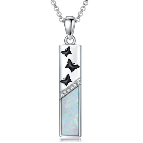 Sterling Silver White Opal Butterfly Dragonfly Tree of Life Paw Print Bar Pendant Necklace Gift for Birthday Christmas