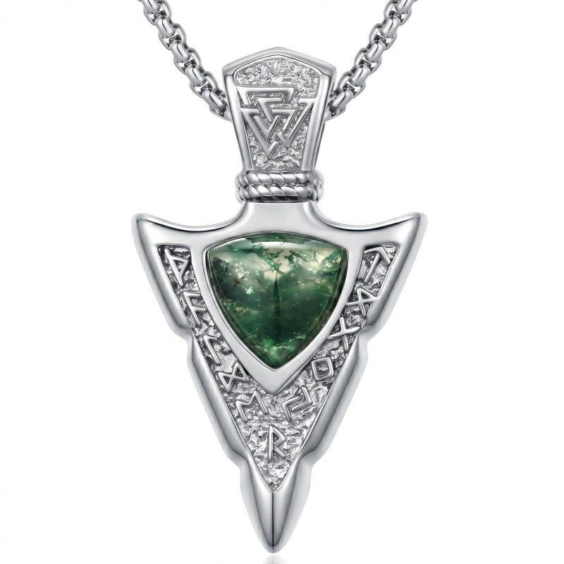 14K Gold Plated Moss Agate Turquoise Valknut Viking Arrow Head Pendant Necklace for Men