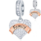 Family Theme Charm 925 Sterling Silver Mother Father Clear Pave Heart Pendant Beads Fit European Women Bracelet