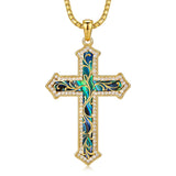 14K Gold Plated Turquoise  Abalone Shell Malachite Wood Filigree Cross Pendant Necklace