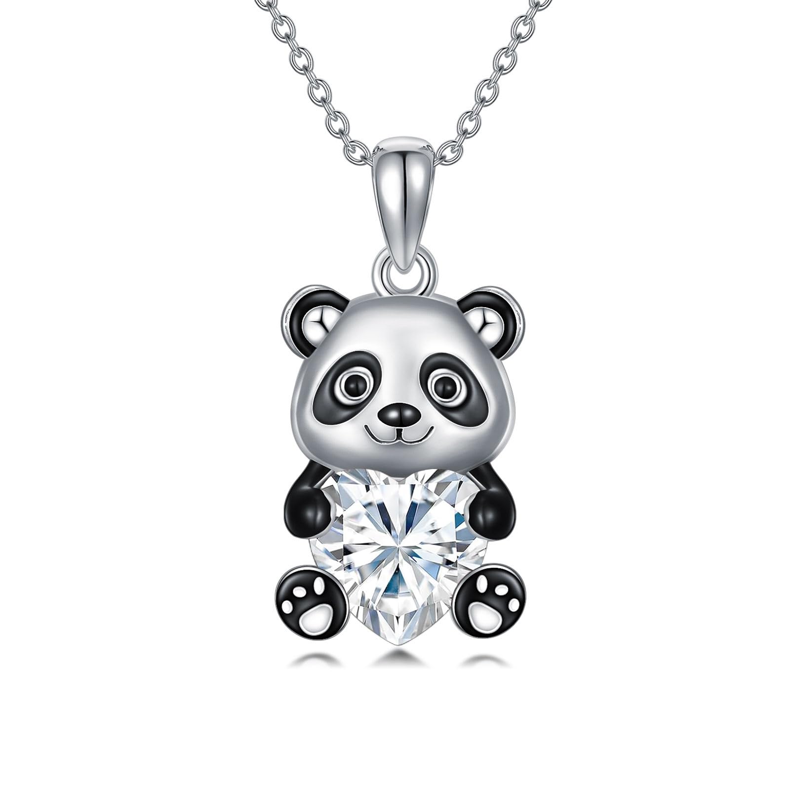 Sterling Silver Heart Birthstone Panda Pendant Necklace– romanticwork