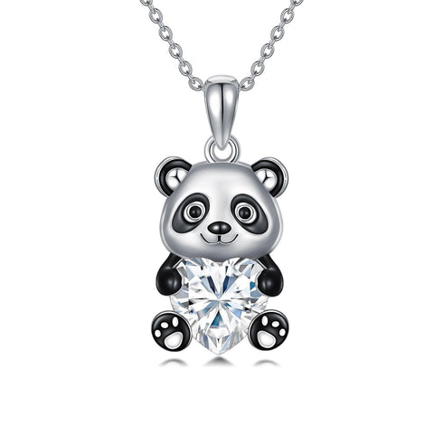 Sterling Silver Heart Birthstone Panda Pendant Necklace