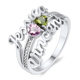 Sterling Silver Personalized 2 Heart Birthstone Engraved Ring