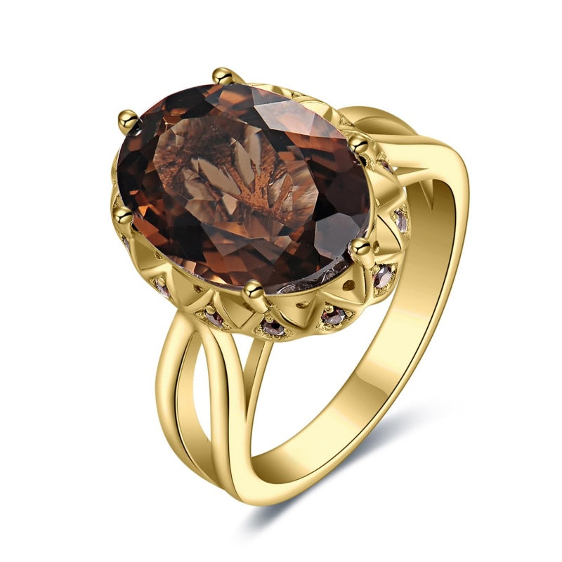 14K Gold Plated  Oval Shape 3.7CT Genuine Smoky Quartz Cocktail Rings for Her