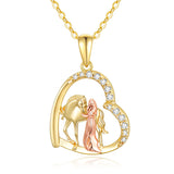 14K Solid Gold Horse and Girl Heart Necklaces for Women Yellow Gold Necklaces Fine Jewelry Present for Wife Girlfriend