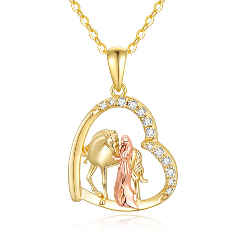 14K Gold Horse and Girl Heart Pendant Necklace