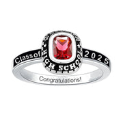 Sterling Silver Rounded Rectangle Personalized Birthstone Engraved Class Ring for Women