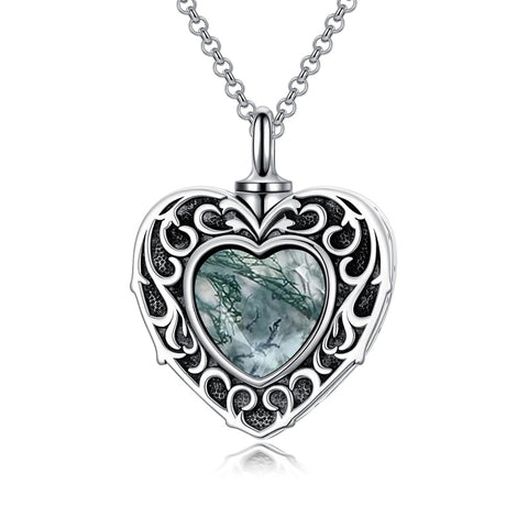 Sterling Silver Moonstone Turquoise Moss Agate Heart Shaped Urn Necklace for Ashes