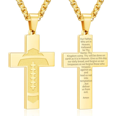 14K Gold Plated Bible Verse Football Cross Pendant Necklace