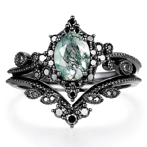 Sterling Silver 2CT Moss Agate  Engagement Wedding Ring Sets for Women