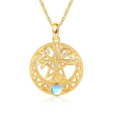 10K 14K 18K Yellow Gold Moonstone Pentagram Tree of Life Pendant Necklace