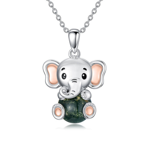 Sterling Silver Moss Agate Hippo Koala Elephant Teddy Bear Pendant Necklace