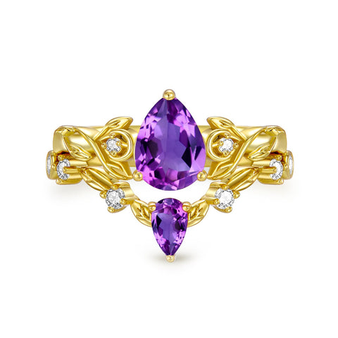 Sterling Silver 10K 14K 18K Gold Pear Cut Gemstone Leaf  Engagement Ring Set
