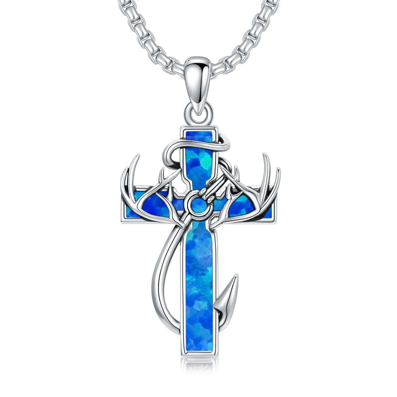 Sterling Silver Fish Hook Cross Pendant Necklace for Men, A--Blue Opal
