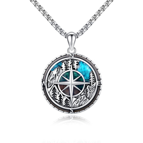 Mountain Necklace 925 Sterling Silver Mountain Pendant Wolf Necklace Compass Necklace for Men Women