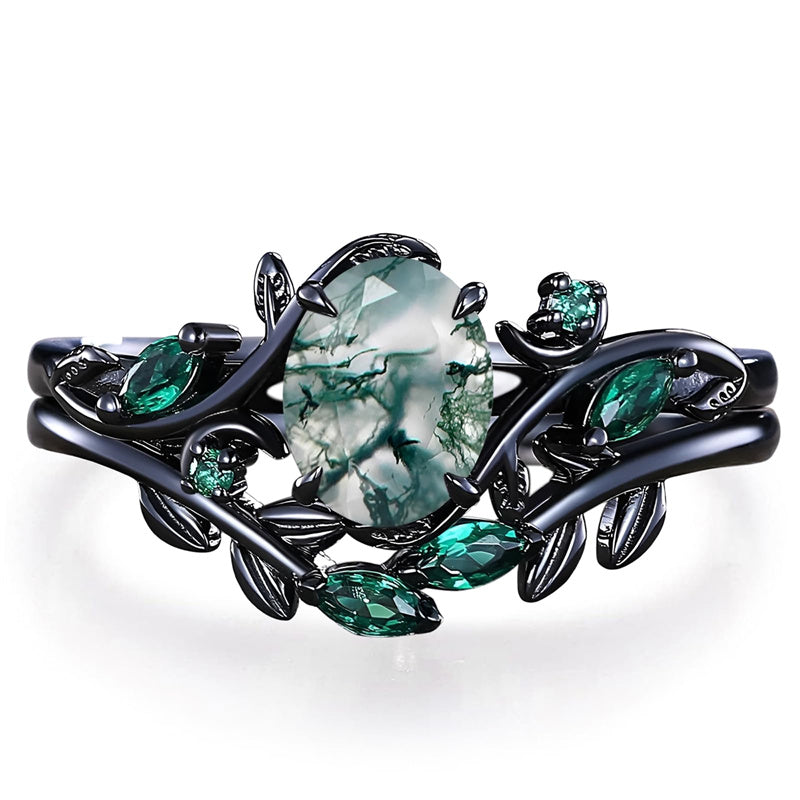 Sterling Silver 10K 14K 18K Gold 2CT Moss Agate Vine Leaf Women's Bridal Ring Sets for Wedding Engagement