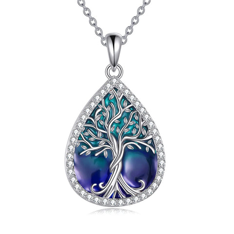 Tree of Life Necklace 925 Sterling Silver Teardrop Enamel Family Tree Pendant Necklace for Women
