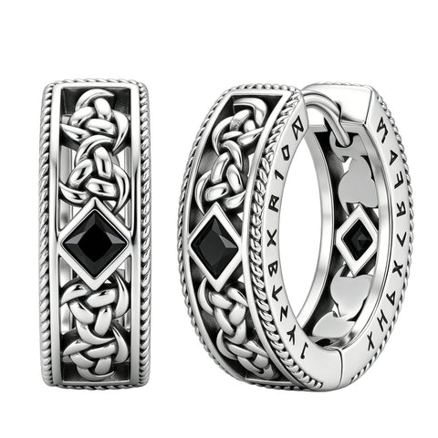 14K Gold Plated  Cubic Zircon Norse Viking Runes Hoop Earrings Viking Jewelry Gift for Men