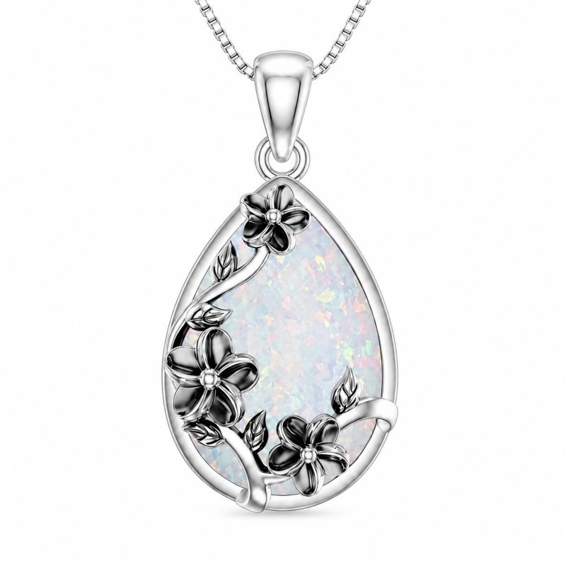 14K  White Gold Plated White Opal Flower Pendant Necklace Birthday Anniversary Jewelry Gifts for Women