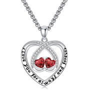 Sterling Silver Double Heart Birthstone Pendant Necklace Engraved with I Love You for Always and Forever