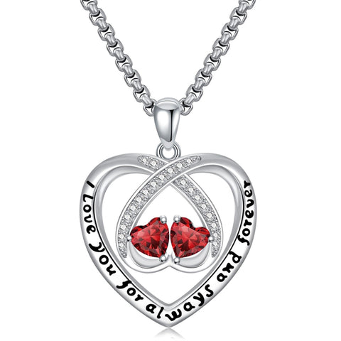 Sterling Silver Double Heart Birthstone Pendant Necklace Engraved with I Love You for Always and Forever