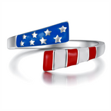 Silver USA America Flag Ring S925 Patriotic Independence Day Star Jewelry 4th of July Gifts for Women