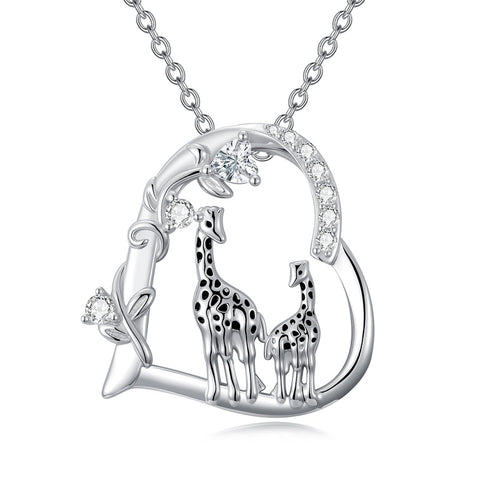 Sterling Silver Cubic Zircon Mother Daughter Mama Bear Giraffe Elephants Otters Penguins Heart Pendant Necklace