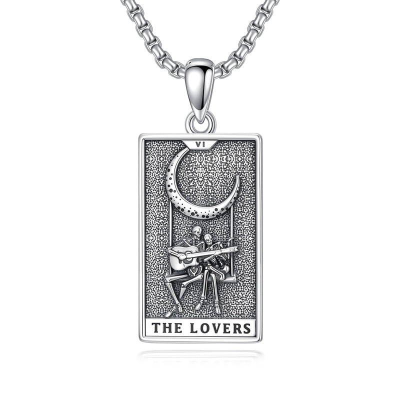 Sterling Silver Lovers Hierophant Magician Three of Swords Wheel of Fortune SkeletonTarot Card Pendant Necklace
