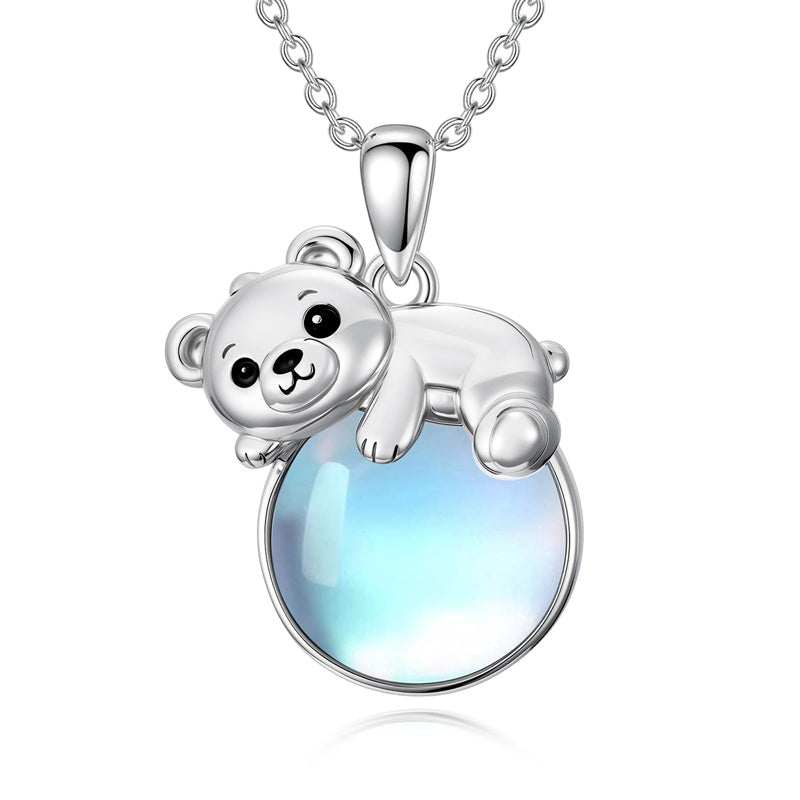 Sterling Silver Moonstone Fox Dolphin Axolotl Teddy Bear Hippo Raccoon Pendant Necklace for Women