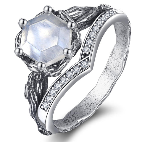 Sterling Silver Moss Agate Moonstone Branch Engagement Wedding Promise Ring  for Her