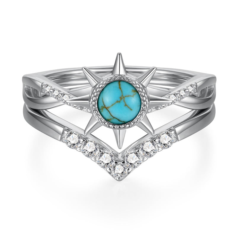 Sterling Silver Genuine Turquoise Engagement Wedding Ring Set for Women