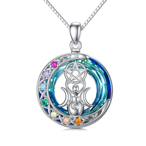 Sterling Silver Crystal Triple Moon Goddess Hamsa Hand Lotus Tree of Life Flower of Life Chakra Pendant Necklace