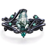 Sterling Silver 2CT Moss Agate  Engagement Wedding Ring Sets for Women