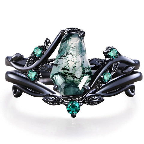 Sterling Silver 2CT Moss Agate  Engagement Wedding Ring Sets for Women
