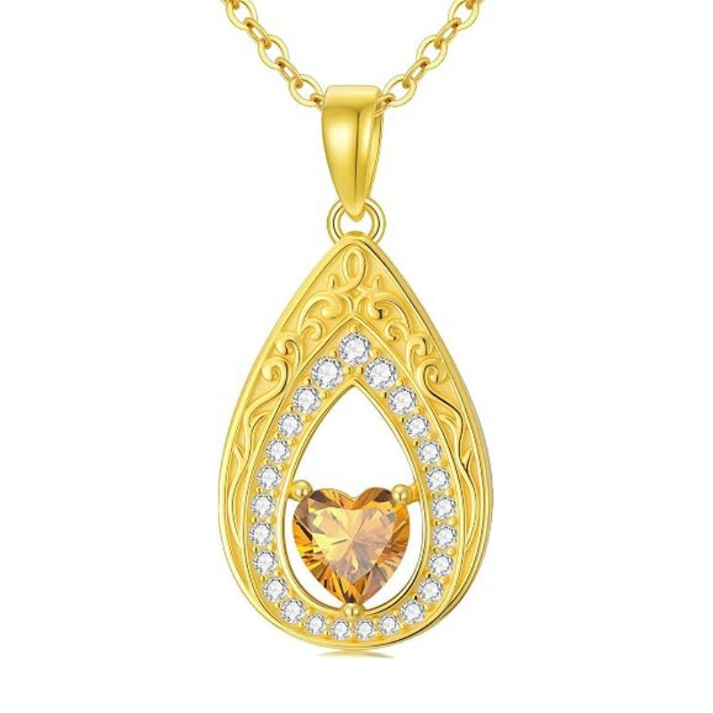 Vintage Teardrop Birthstone 14K Yellow Gold Plated Pendant Necklace for Women