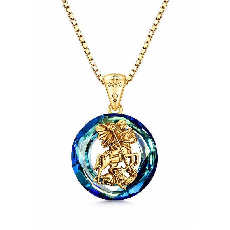14K Gold Plated Blue Crystal Saint Protection Pendant Necklace Amulet Baptism Gift
