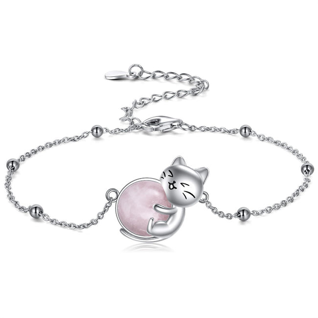 Cat Bracelet Sterling Silver Cat Anklet with Rose Quartz Jewelry Gifts for Women Girls Cat Lovers